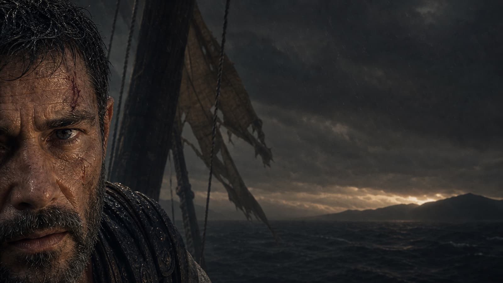 Odysseus crossing a mythic sea beneath a storm-lit sky